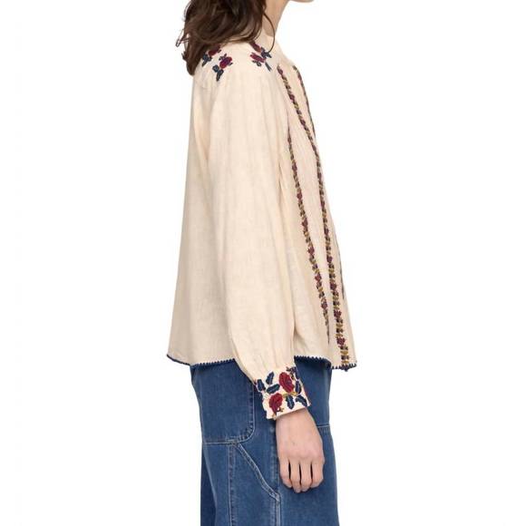 NEW SEA nan silk embroidery pintucked top in beige - Picture 3 of 5